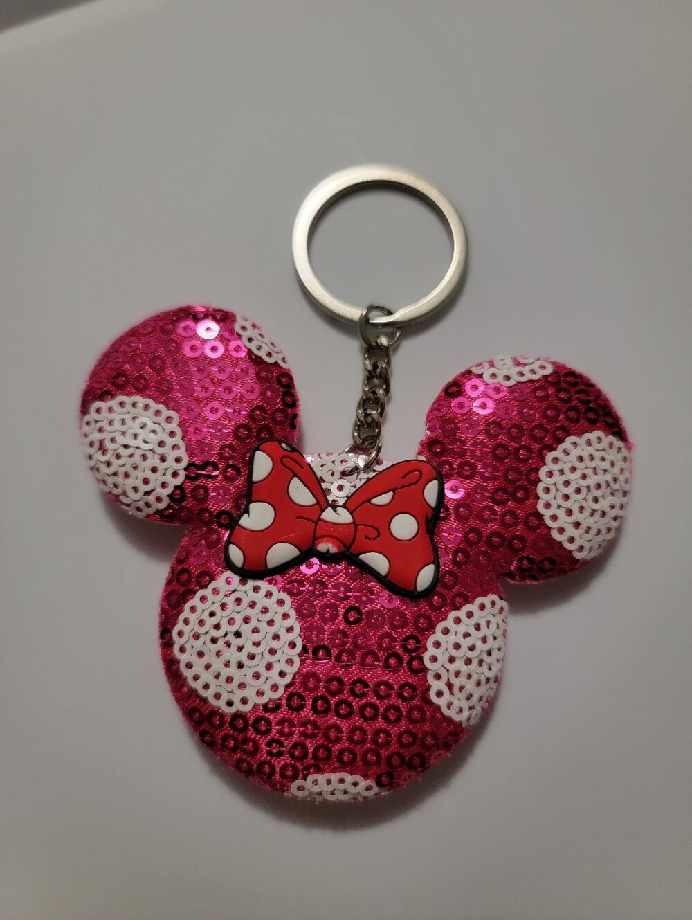 Source Unknown Pink Sequin Mouse-Shaped Keychain with Polka Dot Bow